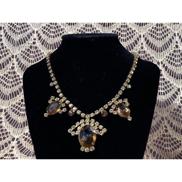 Vintage 60s Rhinestone Necklace & Clip On Earrings Set 1960s Dramatic Jewelry - Picture 1 of 3